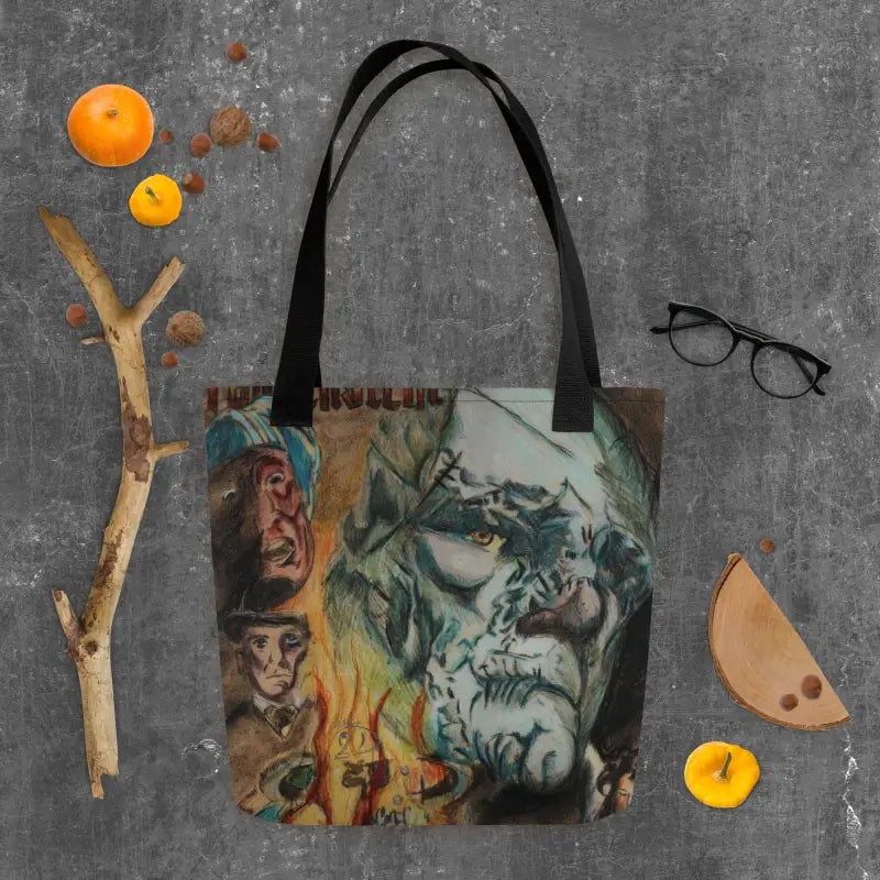 Tote bag featuring horror art, perfect as a reusable trick-or-treat bag for Halloween