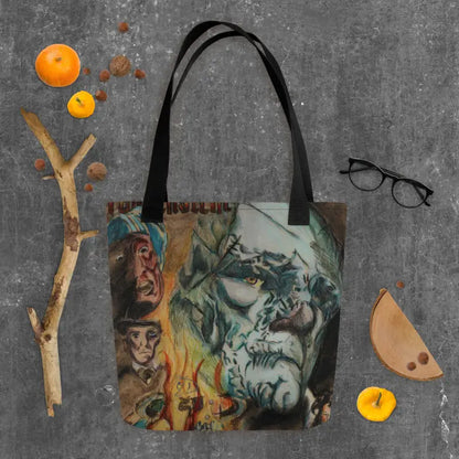 Tote bag featuring horror art, perfect as a reusable trick-or-treat bag for Halloween