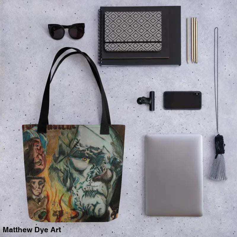 Artistic tote bag featured in Frankenstein’s Haunting Hauler reusable trick-or-treat bag