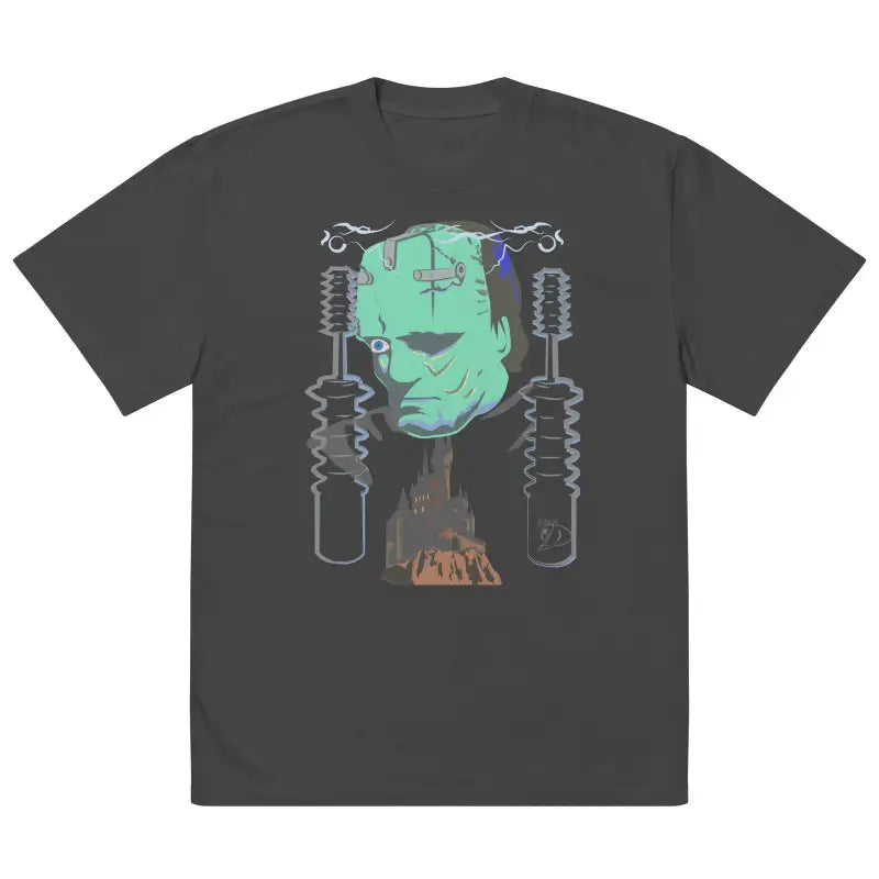 Dark gray t-shirt with Frankenstein’s monster design by Matthew Dye Art featuring lightning bolts