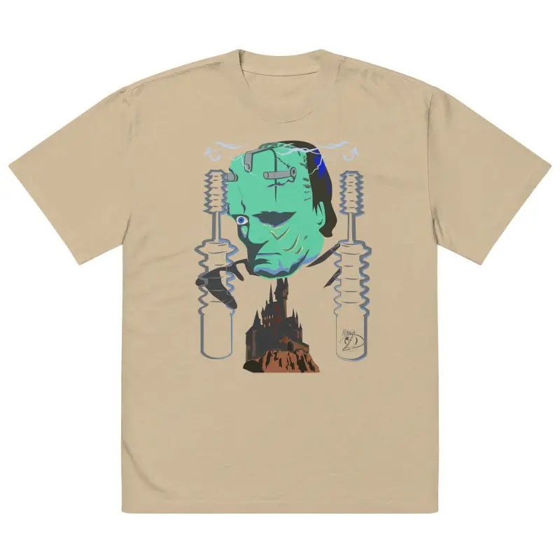 Tan t-shirt with Frankenstein’s monster design by Matthew Dye Art on dark gray canvas