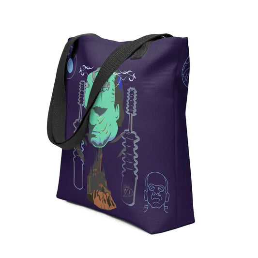 Purple Halloween tote bag featuring Frankenstein’s monster artwork and scientific illustrations