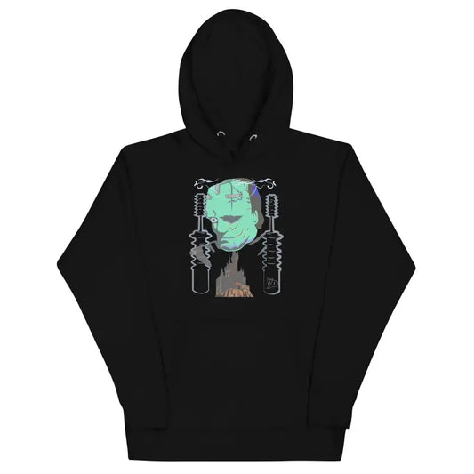 Black hoodie featuring mint green sci-fi character design, a delightful tribute to timeless lore