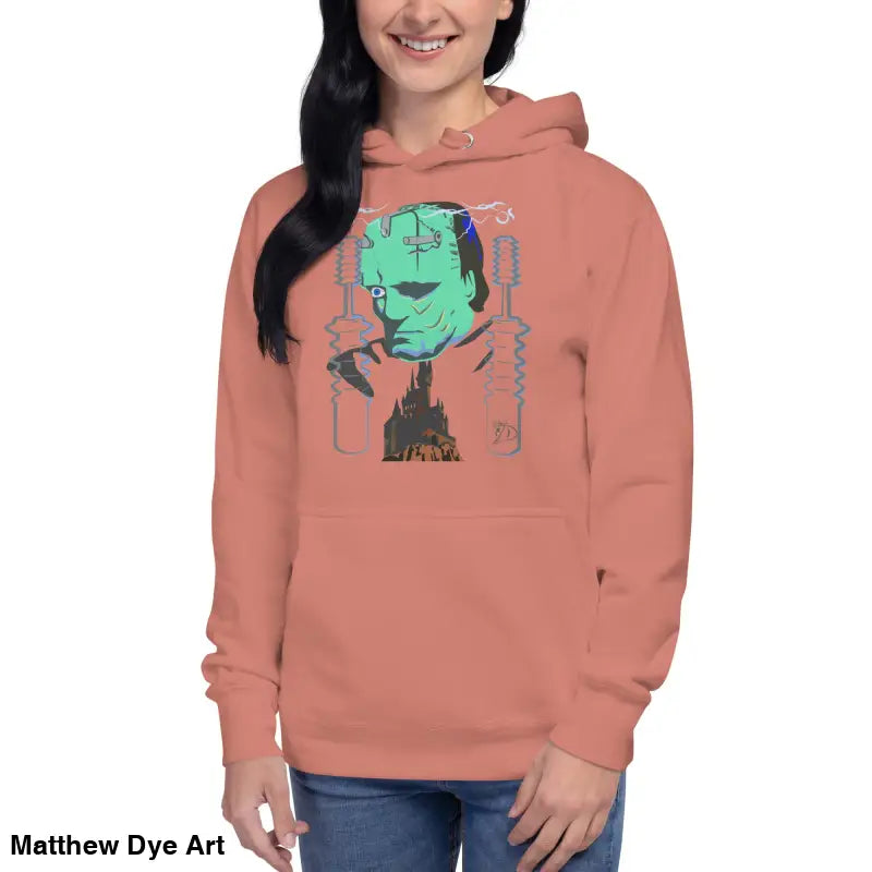 Salmon-colored hoodie featuring a graphic of Frankenstein’s Monster, a delightful tribute