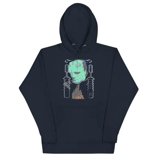 Navy blue hoodie featuring a green sci-fi robot, a delightful tribute to timeless lore