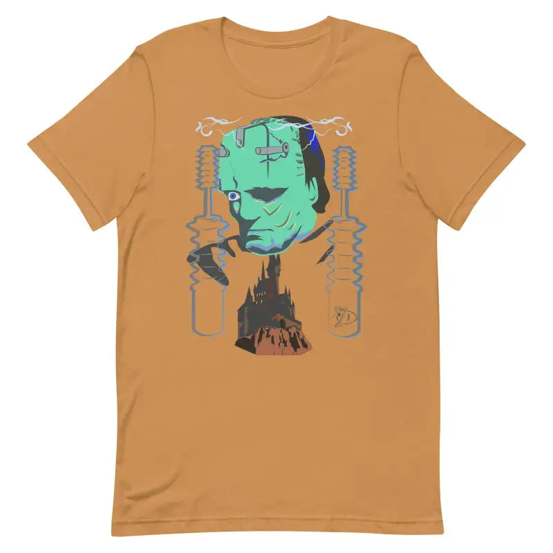 Brown Franky Unisex T-Shirt featuring Frankenstein’s Monster design in mint green and gray