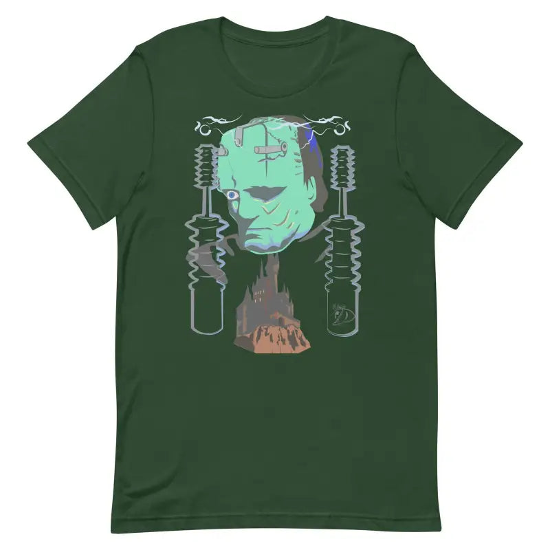 Forest green Franky Unisex T-Shirt featuring mint Frankenstein’s Monster design