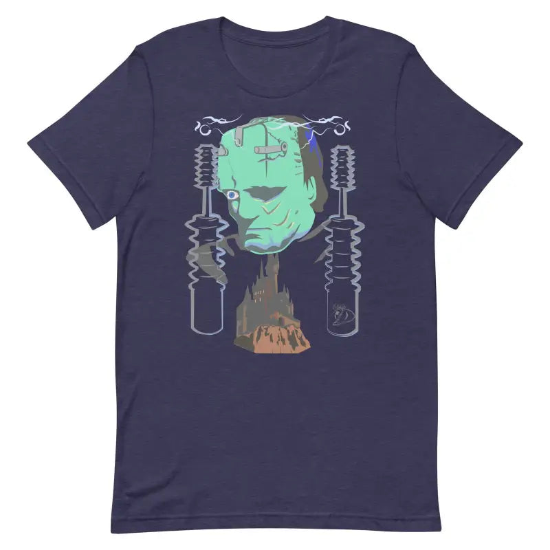 Navy blue Franky Unisex T-Shirt with green monster head and electrical components design