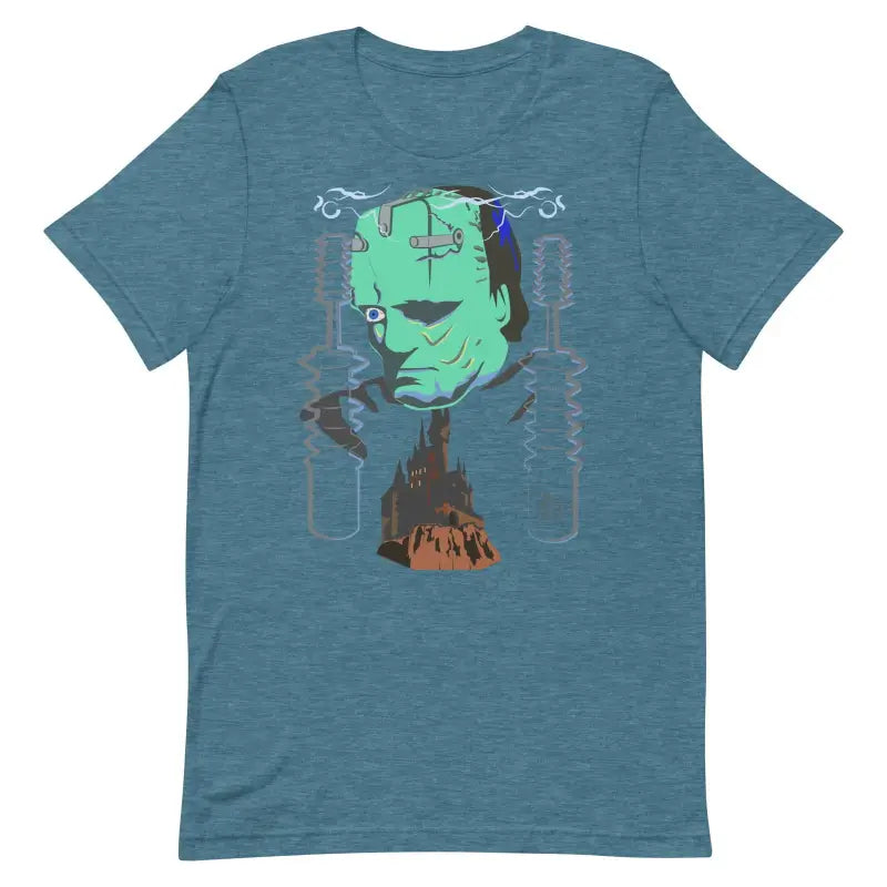 Teal Franky Unisex T-Shirt featuring green Frankenstein’s Monster head and blue elements