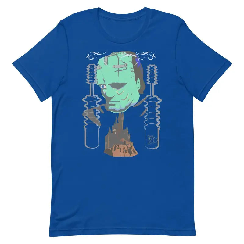 Royal blue Franky Unisex T-Shirt featuring Frankenstein’s monster design and electrical coils