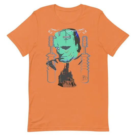 Orange Franky Unisex T-Shirt featuring a green and gray Frankenstein’s Monster design