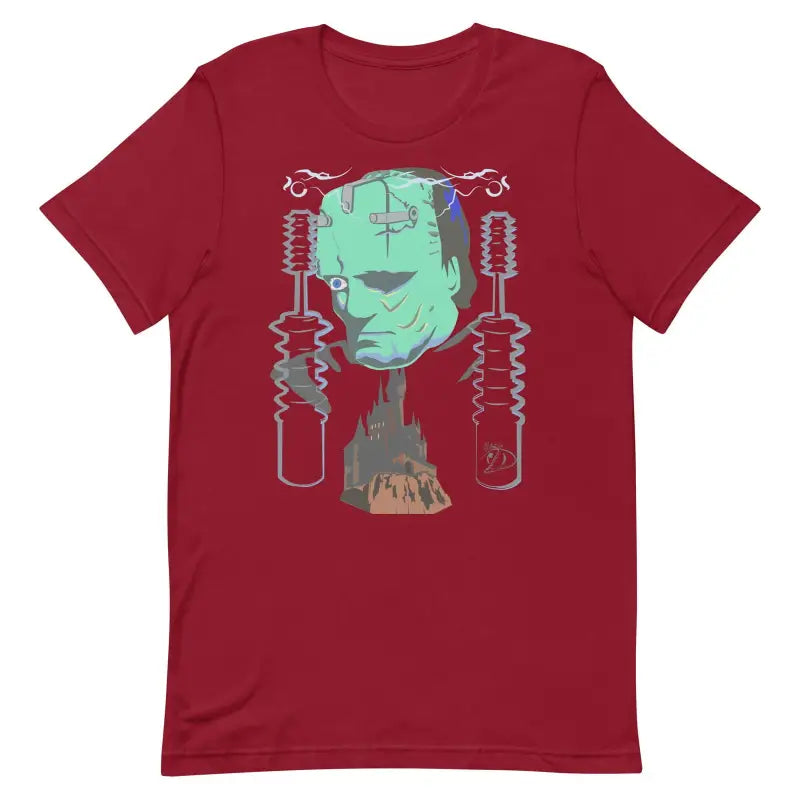 Red Franky Unisex T-Shirt with mint green Frankenstein’s Monster and mechanical design