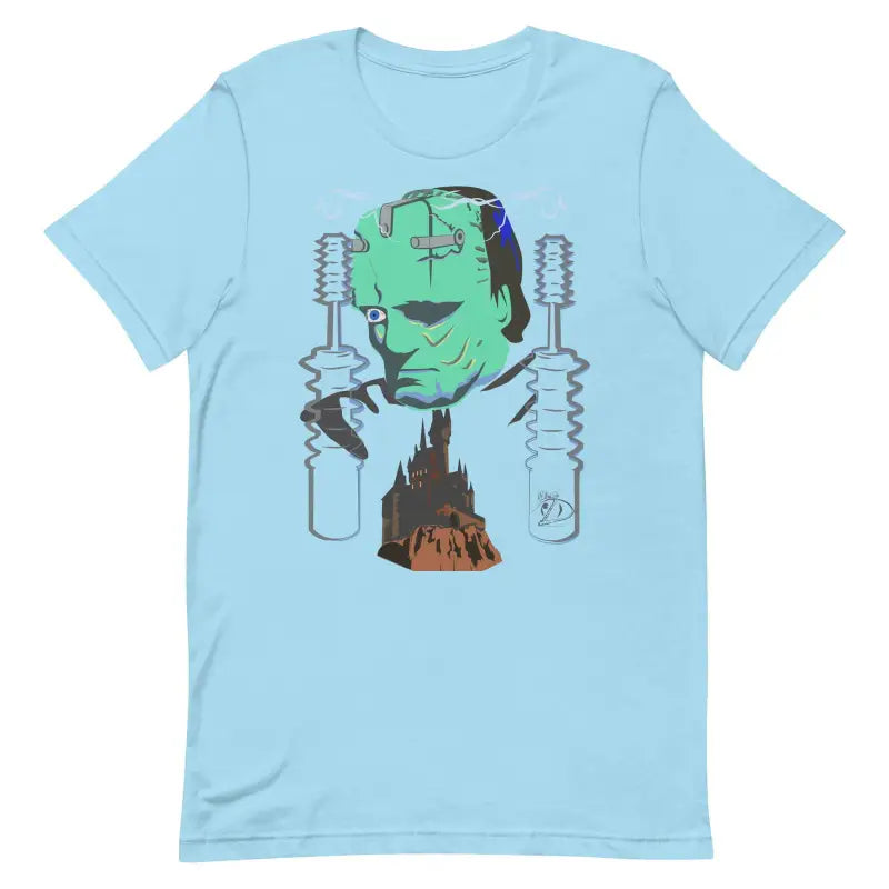 Light blue Franky Unisex T-Shirt featuring Frankenstein’s Monster design with lab equipment