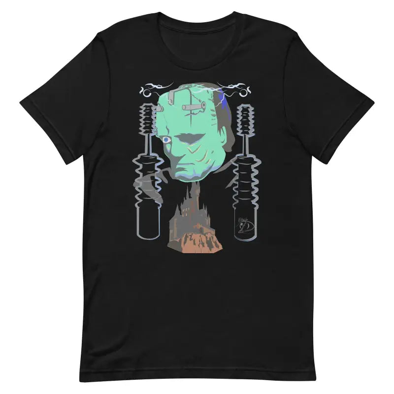 Black Franky Unisex T-Shirt featuring mint green robotic head design and mechanical shock absorbers