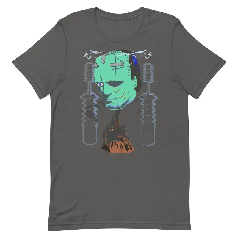 Grey Franky Unisex T-Shirt featuring Frankenstein’s Monster design in mint green and blue