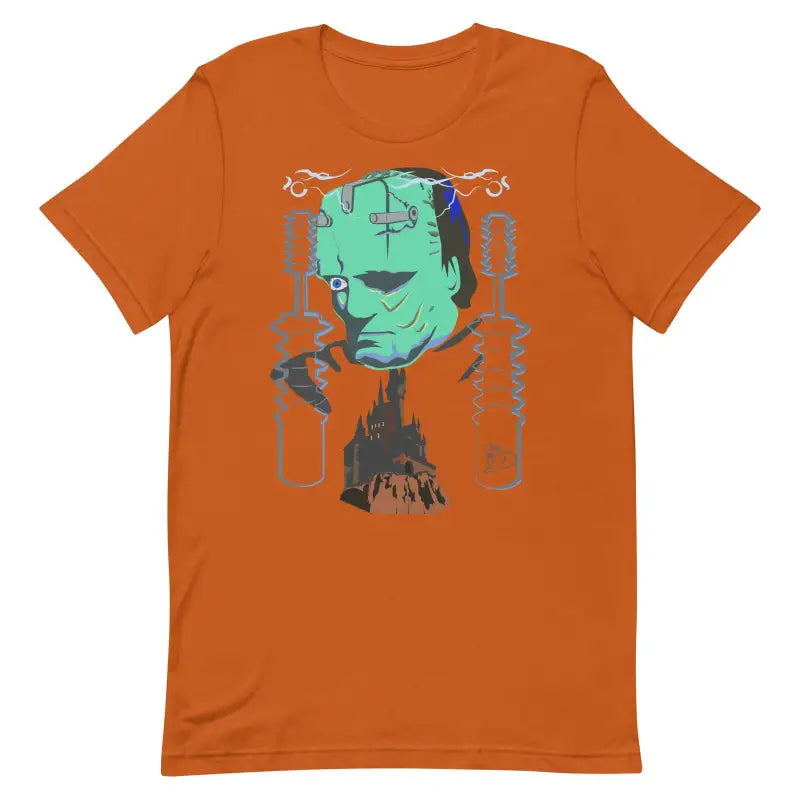 Orange Franky Unisex T-Shirt featuring a mint green design of Frankenstein’s Monster