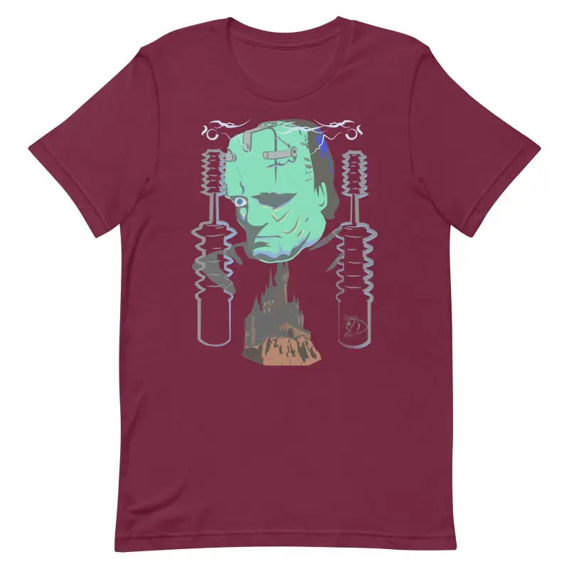 Burgundy Franky Unisex T-Shirt with mint green robotic head design inspired by Frankenstein’s Monster