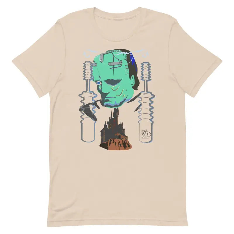 Beige Franky Unisex T-Shirt featuring Frankenstein’s Monster with laboratory equipment design