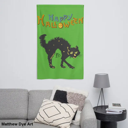 Halloween-themed wall tapestry featuring a scary cat for a haunted haven decor