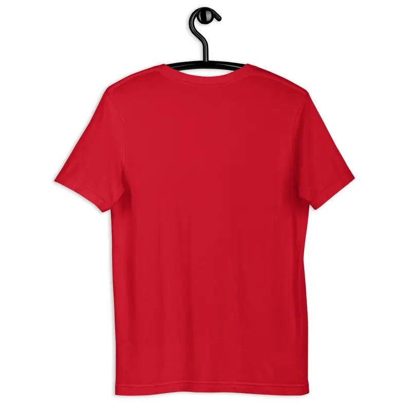 Red unisex t-shirt featuring haunting Halloween eyes displayed on a black hanger