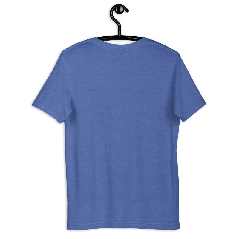 Blue unisex t-shirt featuring haunting Halloween eyes on a black hanger