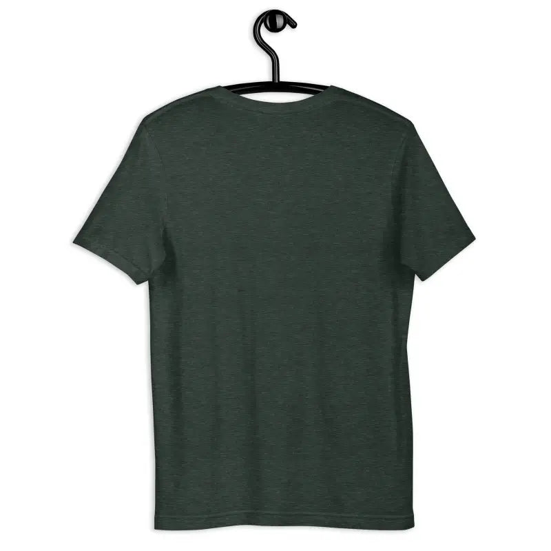 Dark green unisex t-shirt featuring haunting Halloween eyes on a black hanger