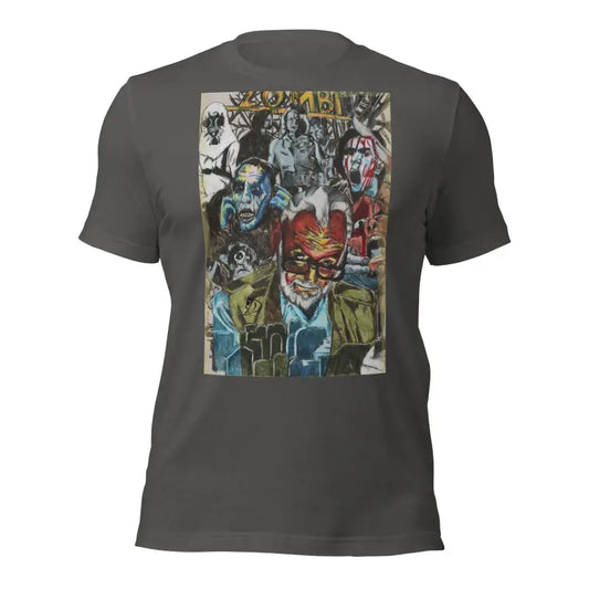 Dark gray Romero Tribute T-Shirt featuring colorful graffiti-style artwork for Zombie Cinema fans