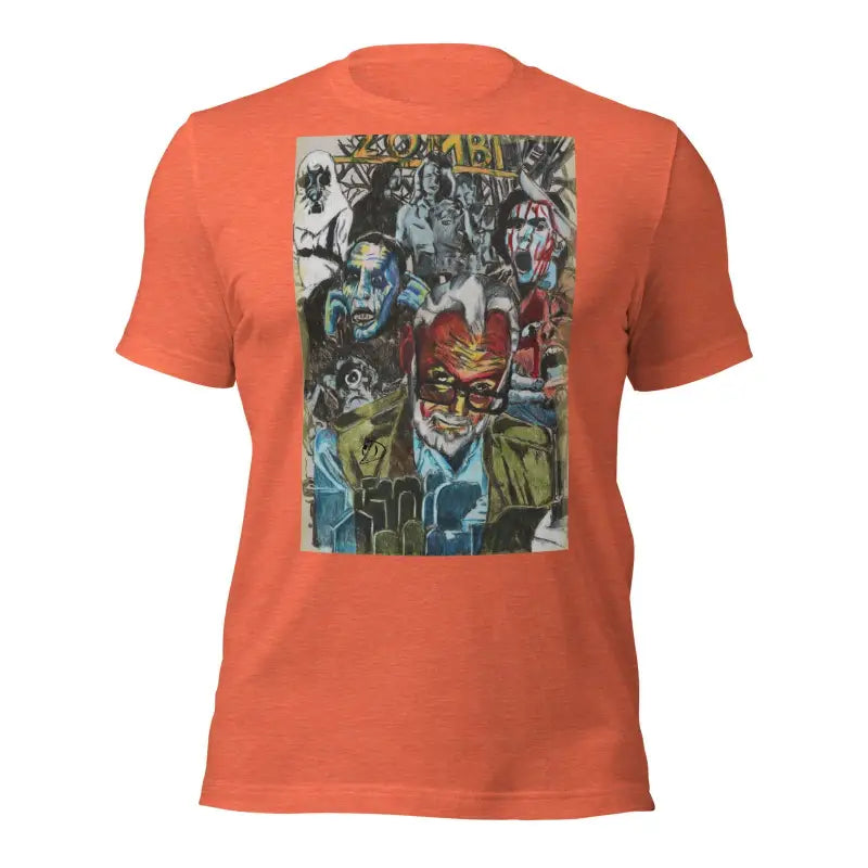 Orange George A. Romero Tribute T-Shirt featuring colorful collage-style graphic print