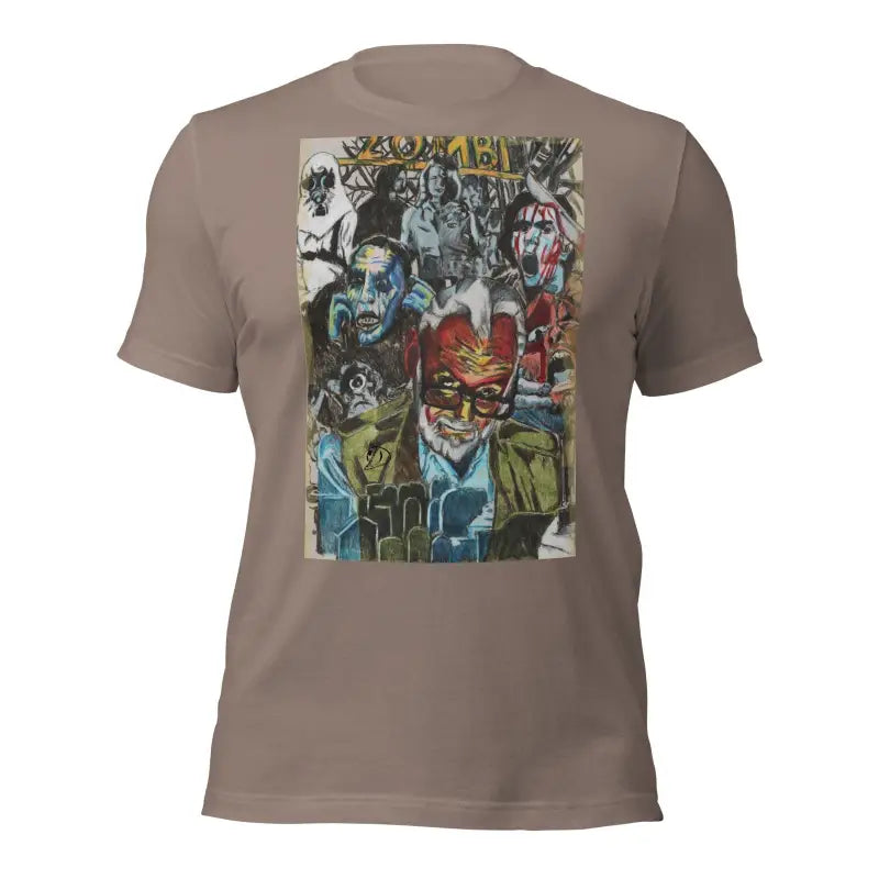 Brown Romero Tribute T-Shirt featuring colorful graffiti-style artwork for Zombie Cinema fans