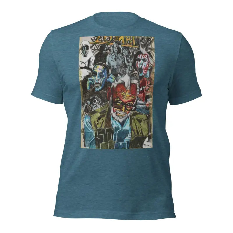 Teal Romero Tribute T-Shirt featuring colorful graffiti-style art for Zombie Cinema enthusiasts