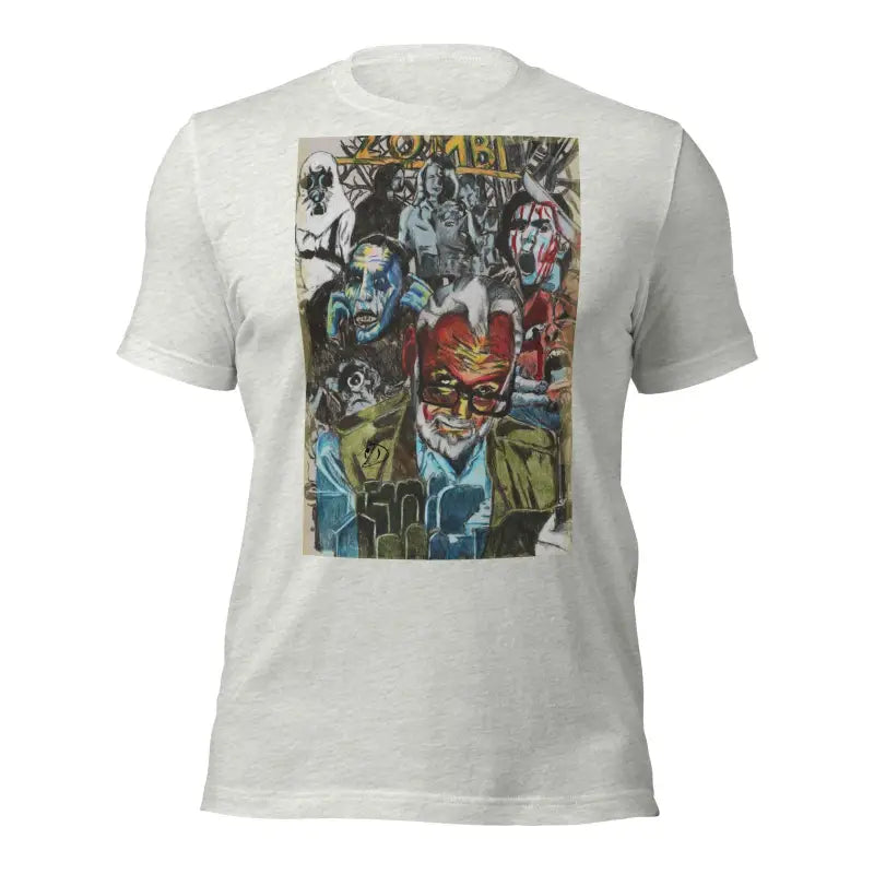 White t-shirt with colorful graffiti art print, perfect for Romero tribute enthusiasts