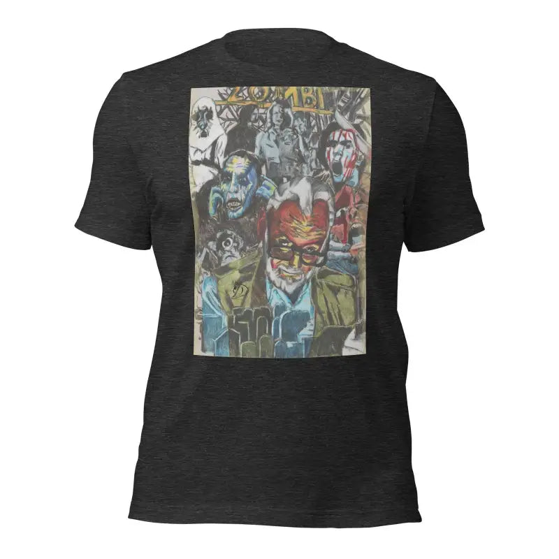 Black Romero Tribute T-Shirt featuring colorful comic-style artwork for Zombie Cinema fans