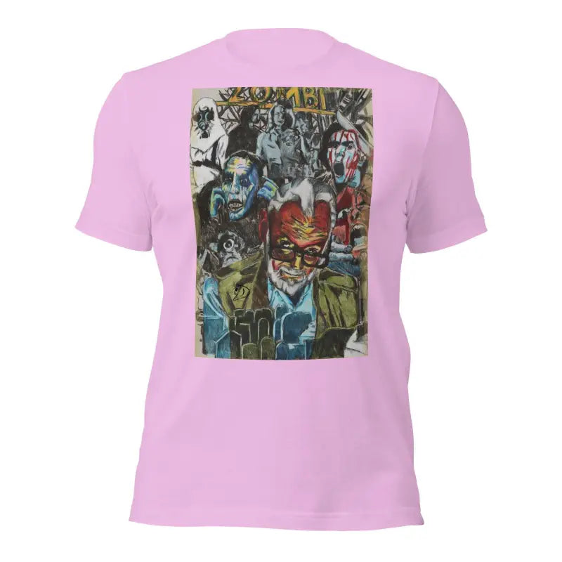 Pink Romero Tribute T-Shirt featuring artistic graffiti-style print for Zombie Cinema fans