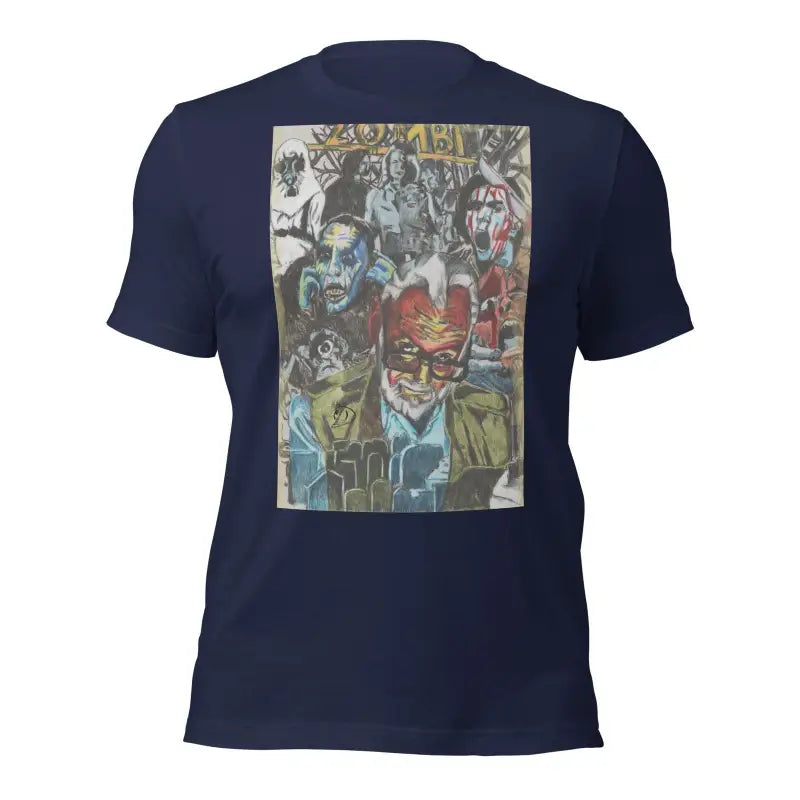 Navy blue Romero Tribute T-Shirt featuring artistic graphic print for Zombie Cinema fans