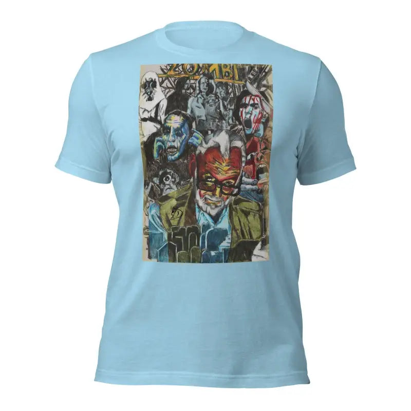 Light blue Romero tribute t-shirt featuring abstract graphic print for Zombie Cinema fans