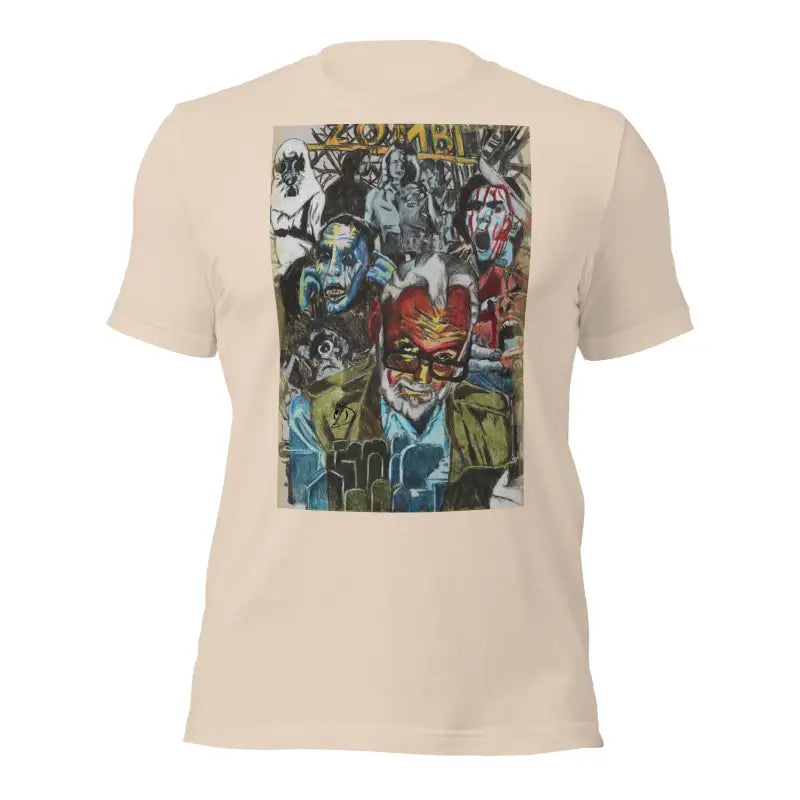 Beige Romero Tribute T-Shirt featuring vibrant graffiti-style art for Zombie Cinema fans