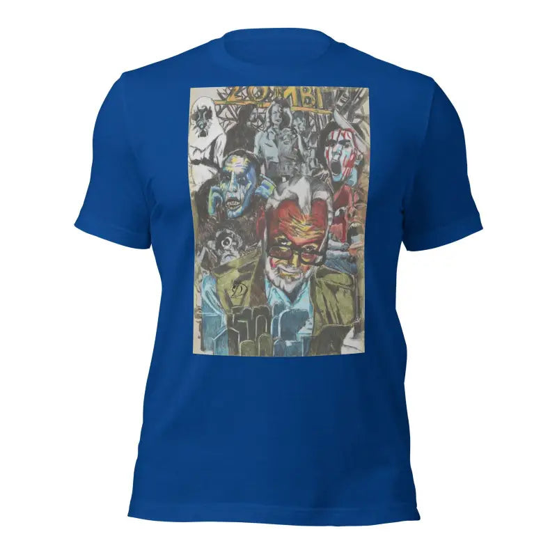 Royal blue Romero tribute t-shirt featuring vintage comic art graphic on back