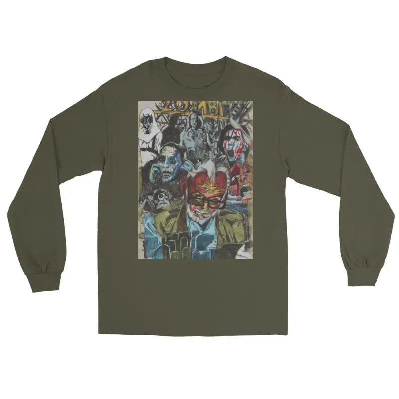 Olive green long-sleeved shirt featuring surreal zombie graphic art by George A. Romero