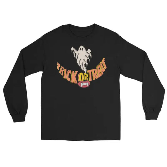 Black long-sleeved Halloween shirt offering spooktacular comfort for trick-or-treat fun