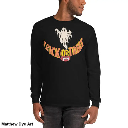 Black long-sleeved shirt with Halloween graphic for spooktacular comfort unisex wear