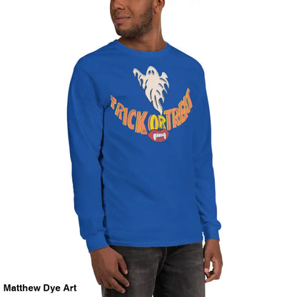 Blue long-sleeved shirt showcasing Spooktacular Comfort Unisex themed with vampire fangs