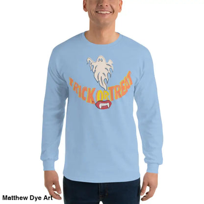 Light blue unisex long-sleeved shirt with Halloween design for spooktacular comfort