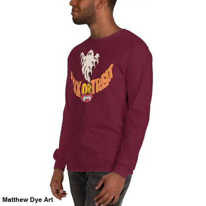 Maroon long-sleeved Ghostly Grin shirt with Halloween graphic for spooktacular comfort unisex