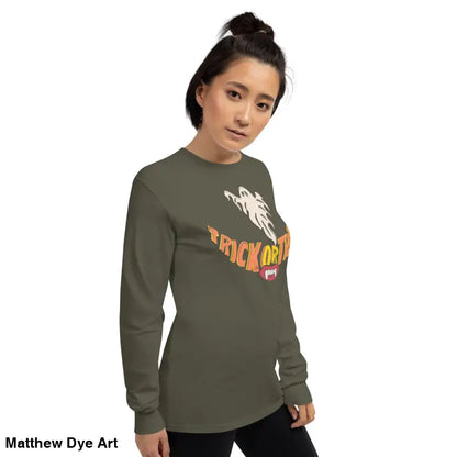 Olive green long-sleeved shirt featuring Halloween graphic for spooktacular comfort unisex
