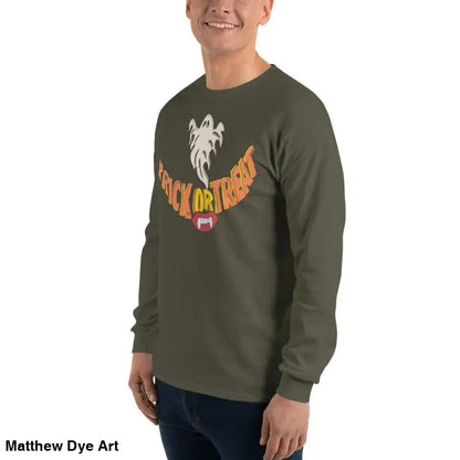 Olive green unisex long-sleeved shirt featuring Halloween graphic for spooktacular comfort