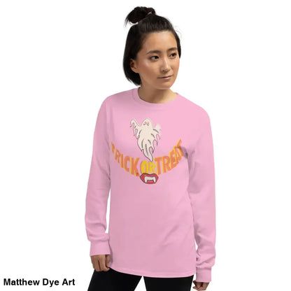 Pink long-sleeved Ghostly Grin Tee offers spooktacular comfort for Halloween fun