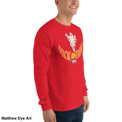 Red long-sleeved Halloween shirt featuring vampire fangs for spooktacular comfort unisex