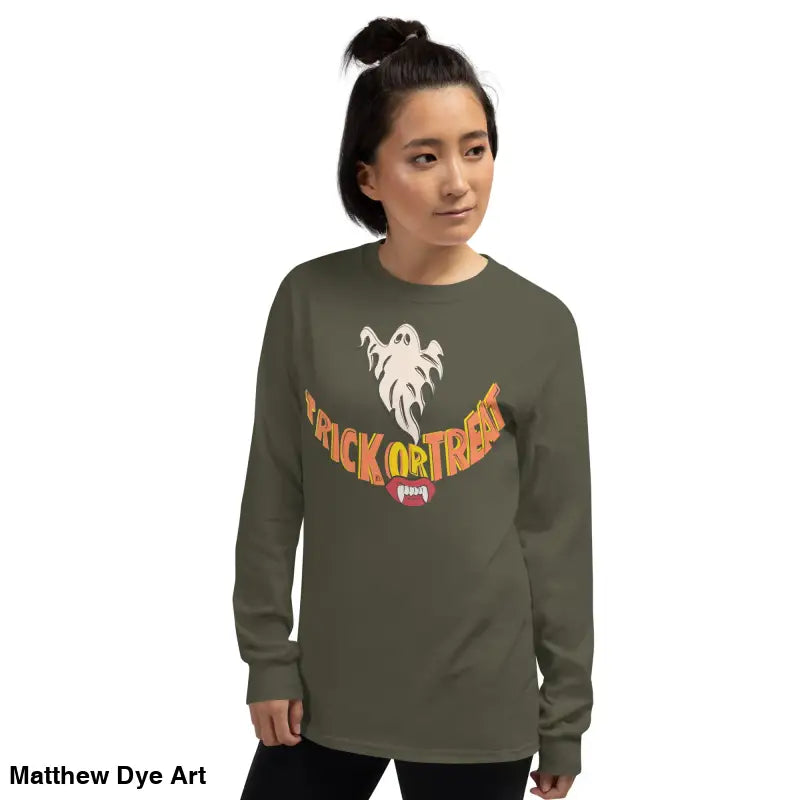 Long-sleeved Halloween shirt for spooktacular comfort featuring a Ghostly Grin design