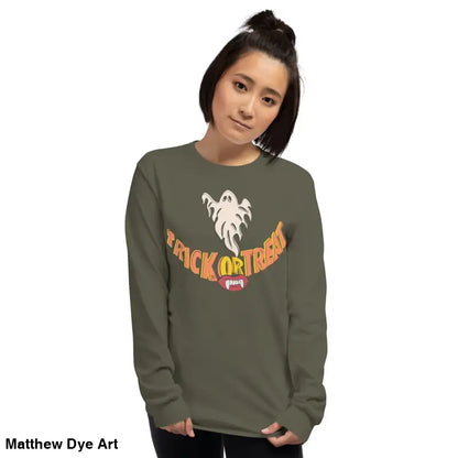 Unisex Long-Sleeved Halloween Shirt Ghostly Grin for Spooktacular Comfort and Fun