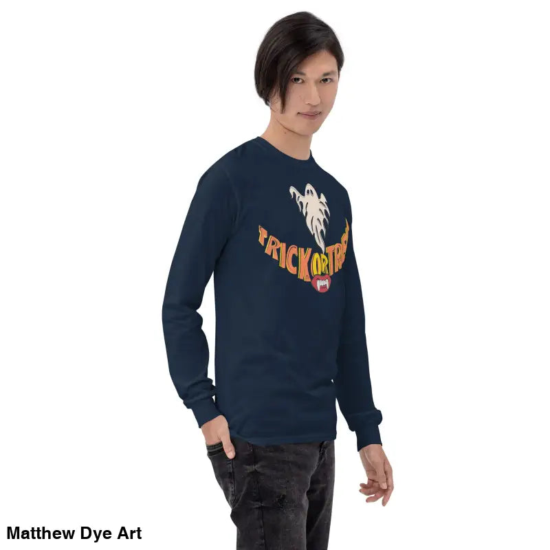 Long-sleeved Halloween shirt featuring Ghostly Grin design for spooktacular comfort unisex